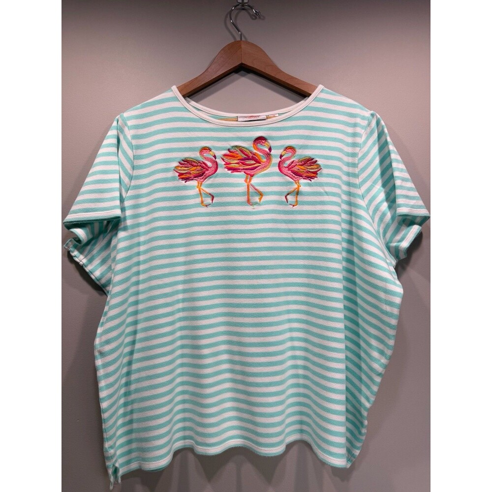 QUACKER FACTORY Womens Size 2X Cotton Short Sleeve Embroidered Rhinestones Shirt
